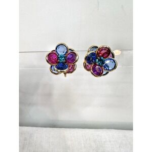 Vintage Multicolor Faceted‎ Bezel Crystal Layered Flower Clip Earrings Pink Gold